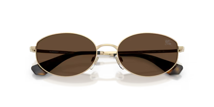 Burberry Metal Check 0BE3169 110973 Polished Light Gold Luxury Oval Dark Brown Sunglasses
