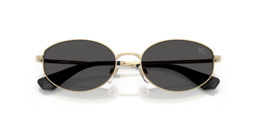 Burberry Metal Check 0BE3169 110987 Polished Light Gold Luxury Oval Dark Grey Sunglasses