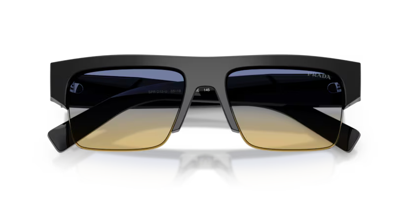 Prada 0PR D12SU 16K50E Black Acetate Semi Rim Rectangular Sunglasses with Yellow/Dark Blue Bio-Polyamide Lenses