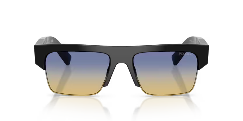 Prada 0PR D12SU 16K50E Black Acetate Semi Rim Rectangular Sunglasses with Yellow/Dark Blue Bio-Polyamide Lenses