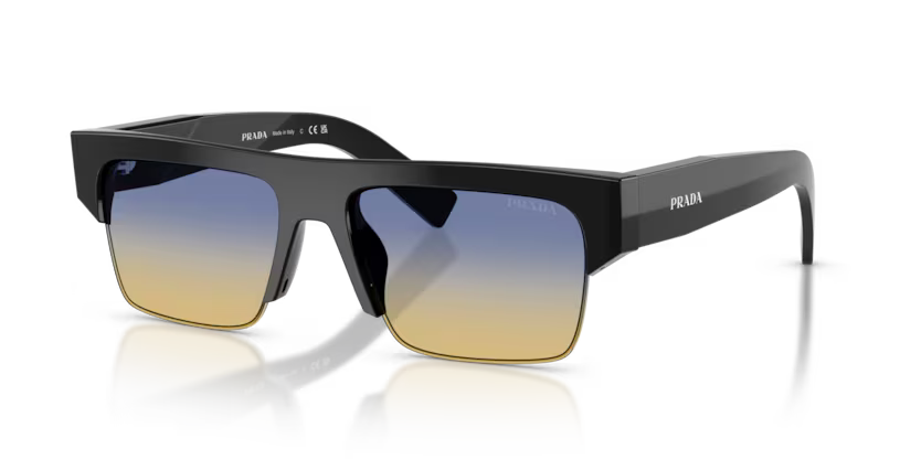 Prada 0PR D12SU 16K50E Black Acetate Semi Rim Rectangular Sunglasses with Yellow/Dark Blue Bio-Polyamide Lenses