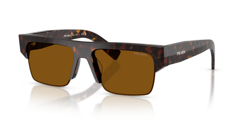 Prada 0PR D12SU 17N20V Root Tortoise Acetate Semi Rim Rectangular Sunglasses with Dark Bronze Bio-Polyamide Lenses