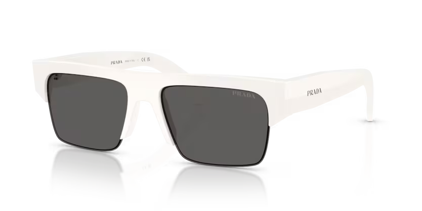 Prada 0PR D12SU 46120Z White Acetate Semi Rim Rectangular Sunglasses with Ardesia Anti-Reflective Bio-Polyamide Lenses