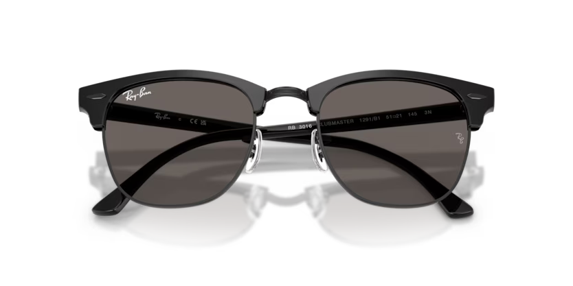 Ray-Ban 0RB3016 Clubmaster Color 1291B1 Polished Black on Black Acetate Frame with Dark Grey Crystal Lenses