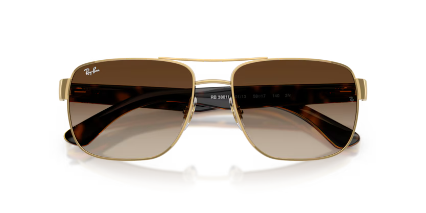 Ray-Ban 0RB3801I 001/13 Arista Gold Metal Square Sunglasses with Brown Gradient Dark Brown Lenses