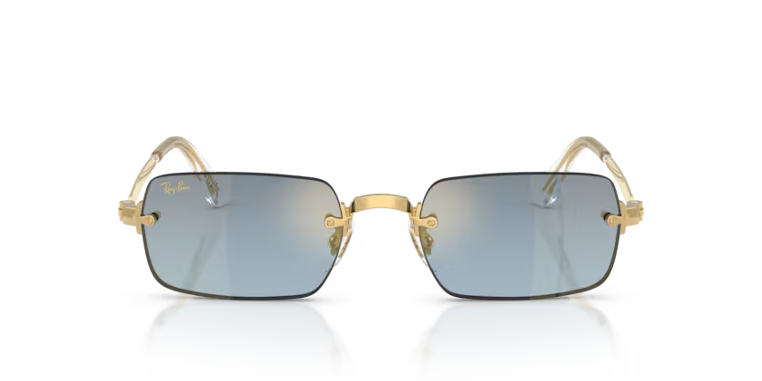 Ray-Ban 0RB3928 Color 001/S2 Polished Arista Gold Metal Rimless Frame with Blue Gradient Dark Grey Bio Lenses