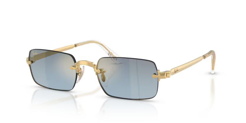 Ray-Ban 0RB3928 Color 001/S2 Polished Arista Gold Metal Rimless Frame with Blue Gradient Dark Grey Bio Lenses