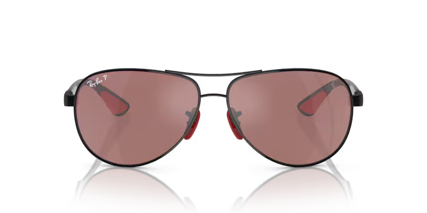 Ray-Ban Scuderia Ferrari Lifestyle 0RB8331M F002H2 Polished Black & Dark Carbon Full Rim Pilot Polarized Purple & Silver Mirror Lens Sunglasses