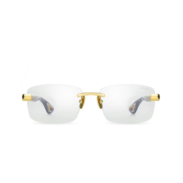 Bugatti 36B 24K Yellow Gold & Black Horn Acetate Rimless Japanese Titanium Clear Optical Eyeglasses Frame