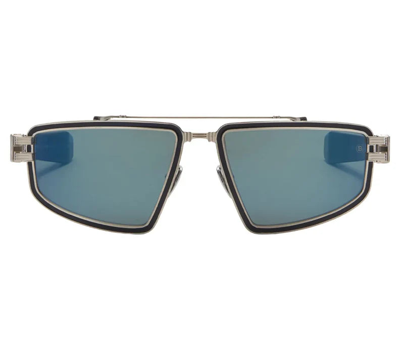 Balmain Titan BPS-139C-59 Brushed Silver & Blue Luxury Titanium Rectangle Blue Mirror Sunglasses