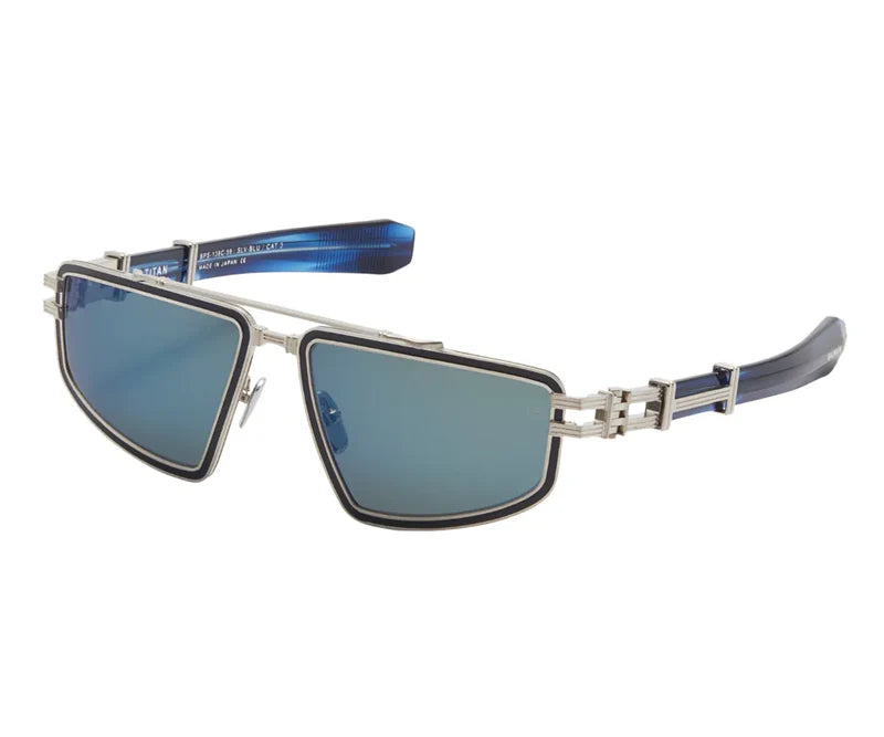 Balmain Titan BPS-139C-59 Brushed Silver & Blue Luxury Titanium Rectangle Blue Mirror Sunglasses
