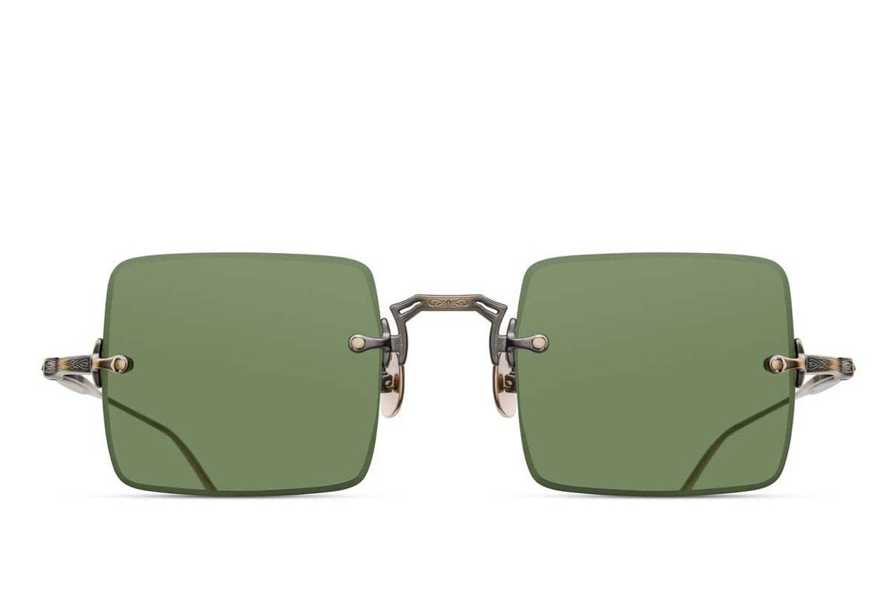 Matsuda M5001 AG/46 – Antique Gold Rimless Square Sunglasses with Sage Green Lenses