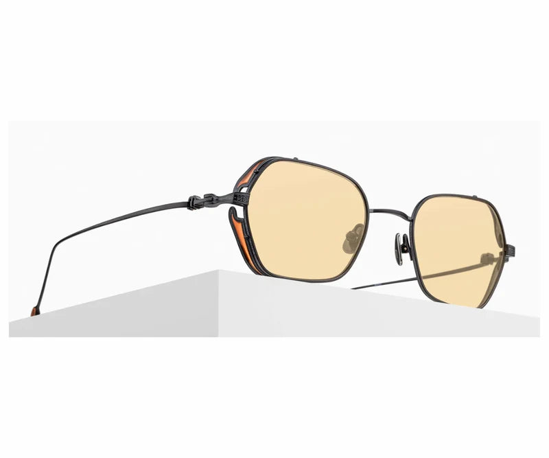 Matsuda M3153-4 – Matte Black Irregular Titanium Sunglasses with Café Orange Lenses