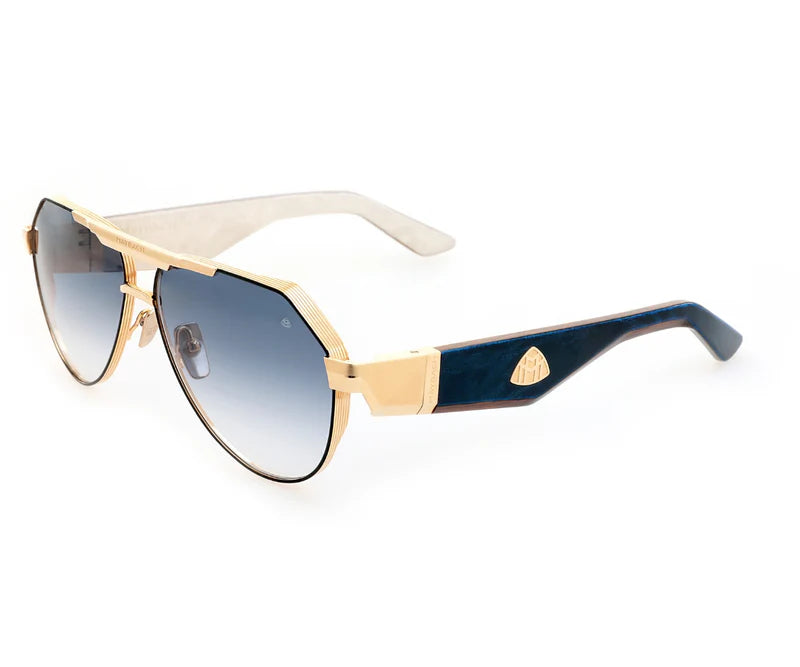Maybach The King III MG/B/WDX/Z60 Mellow Gold Plated & Black Lacquer Full Rim Titanium & Wood Aviator Light Blue Gradient Sunglasses