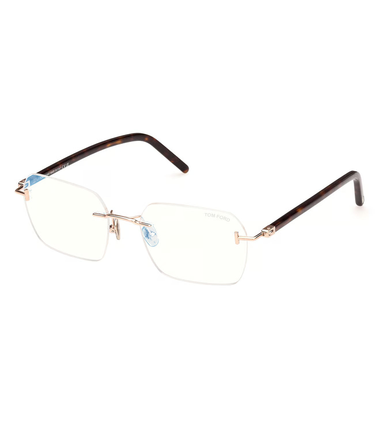 Tom Ford FT5934-B Color 028 Luminous Rose Gold Metal Rimless Square Frame with Brown Temples