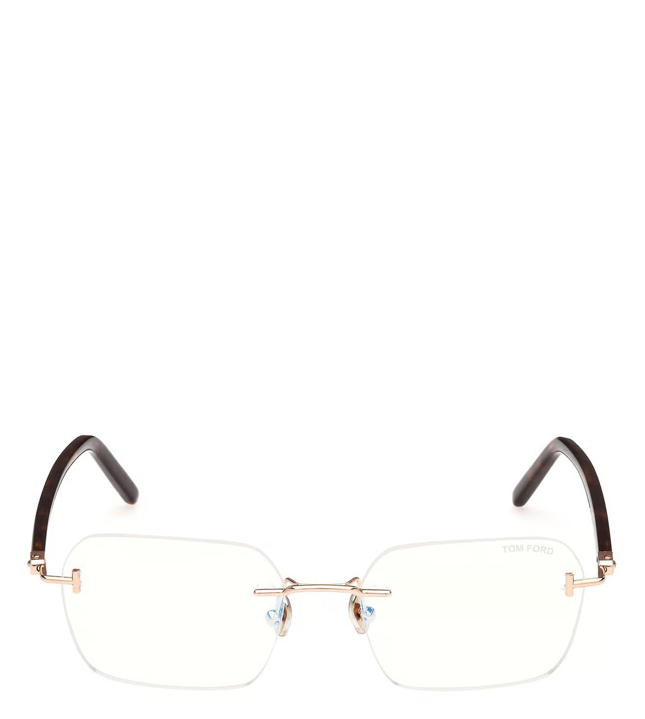 Tom Ford FT5934-B Color 028 Luminous Rose Gold Metal Rimless Square Frame with Brown Temples